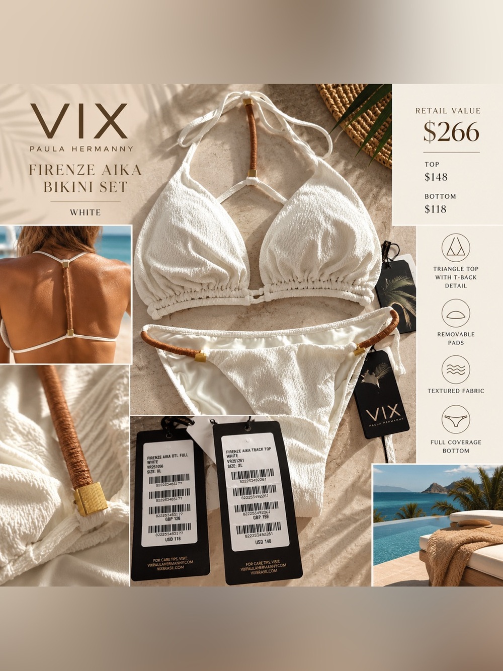 Vix White Textured Firenze Aika Triangle Bikini with Tan Strap Accents